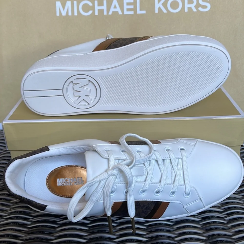 MICHAEL KORS POPPY STRIPE LACE UP NAPPA FAUX LEATHER WMNS OPTIC WHITE/BROWN - Picture 4 of 16